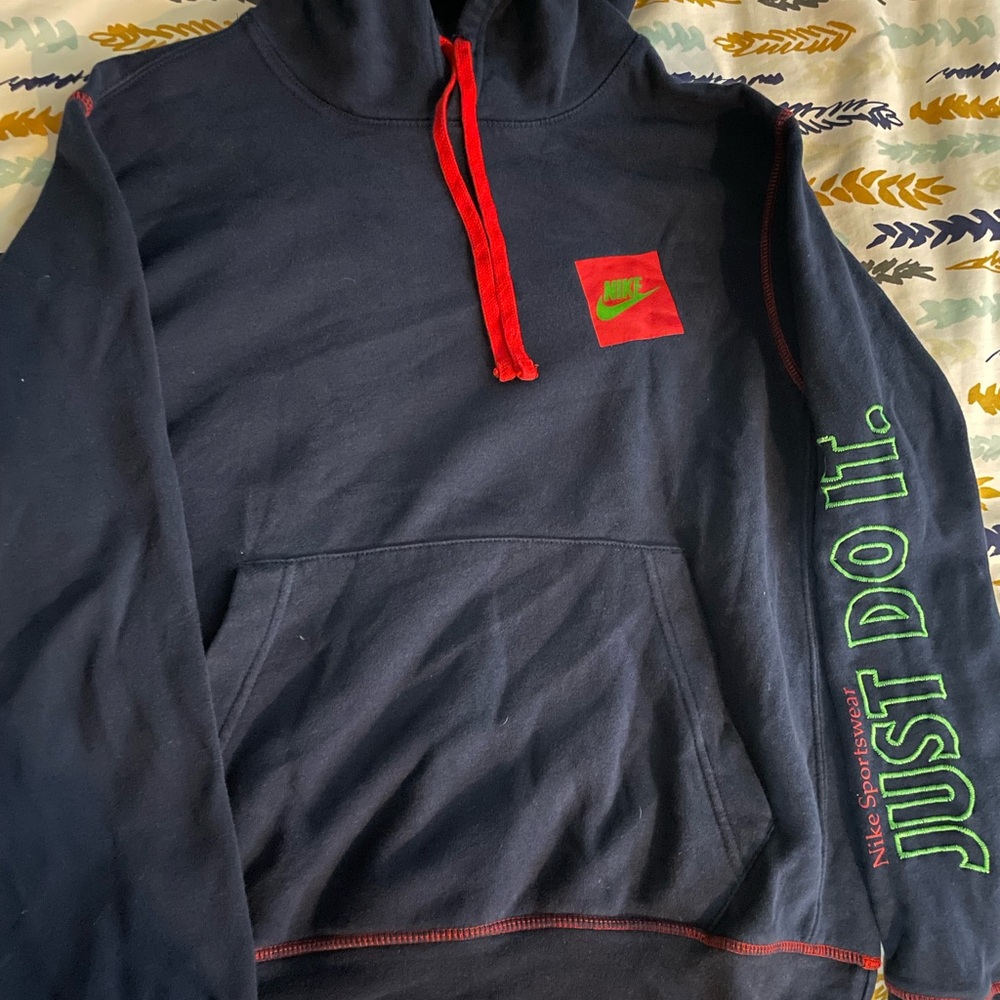 Nike Navy Blue Hoodie with Red and Green Accents